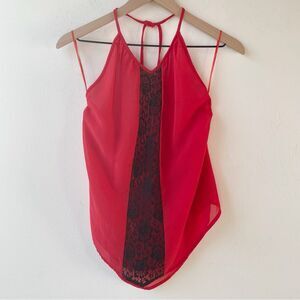 boohoo red black lace v hem tie back halter tank top size 4